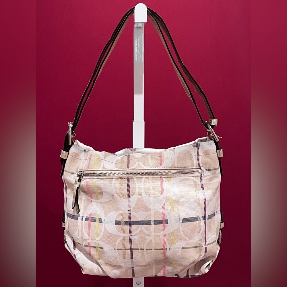 Coach Tattersall Cream and Brown Structured Shoulder Bag